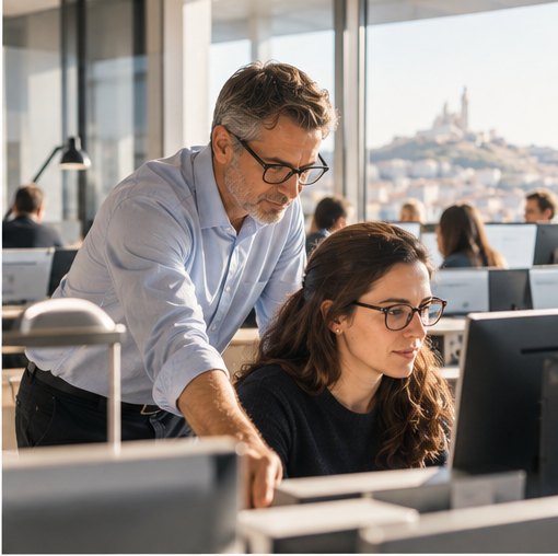 Un manager auprès de son équipe en open space