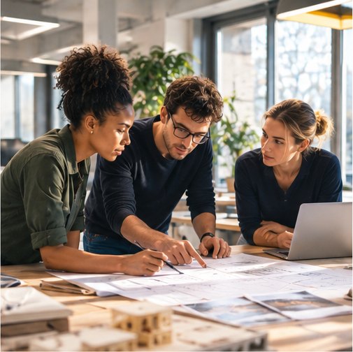 Trois collaborateurs étudiant des plans