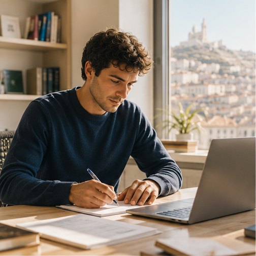 Un professionnel au travail, Marseille en arrière-plan