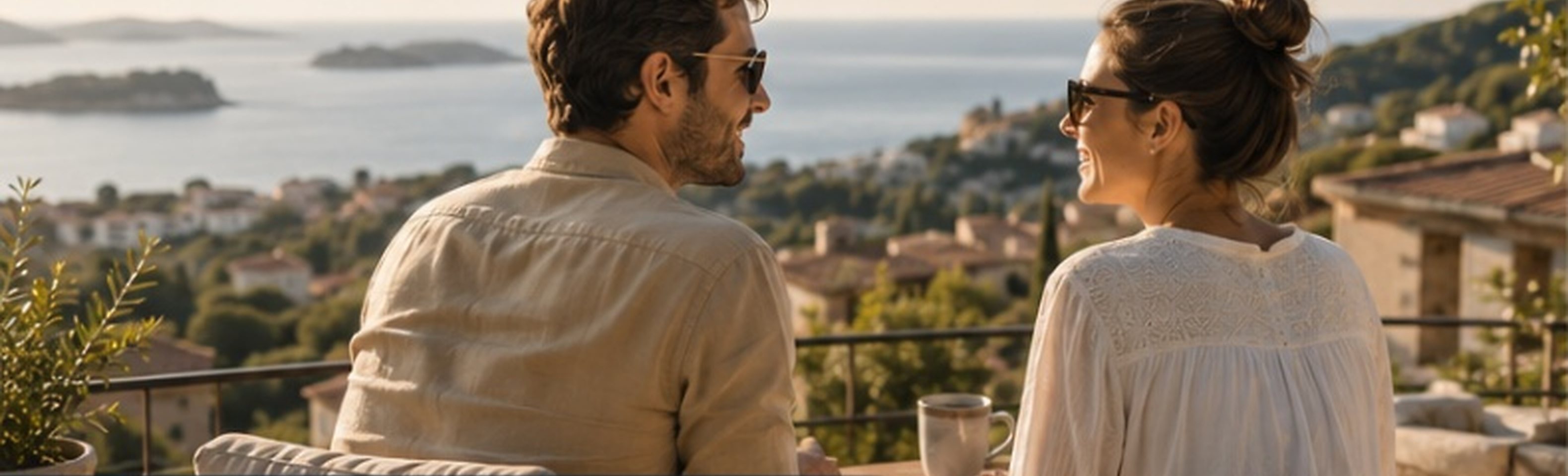 Un couple sur une terrasse dominant la Méditerranée