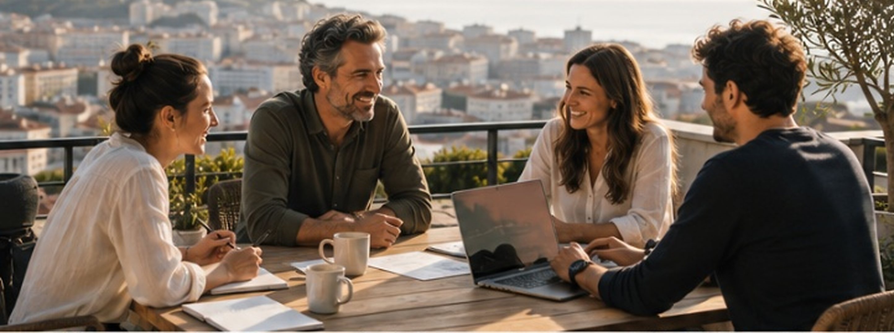 Quatre professionnels en réunion sur une terrasse, Marseille en arrière-plan